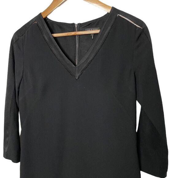 Rag & Bone Black 3/4 Sleeve V Neck Sheath Dress with Lasercut Lines Detail - 2 - Picture 3 of 14